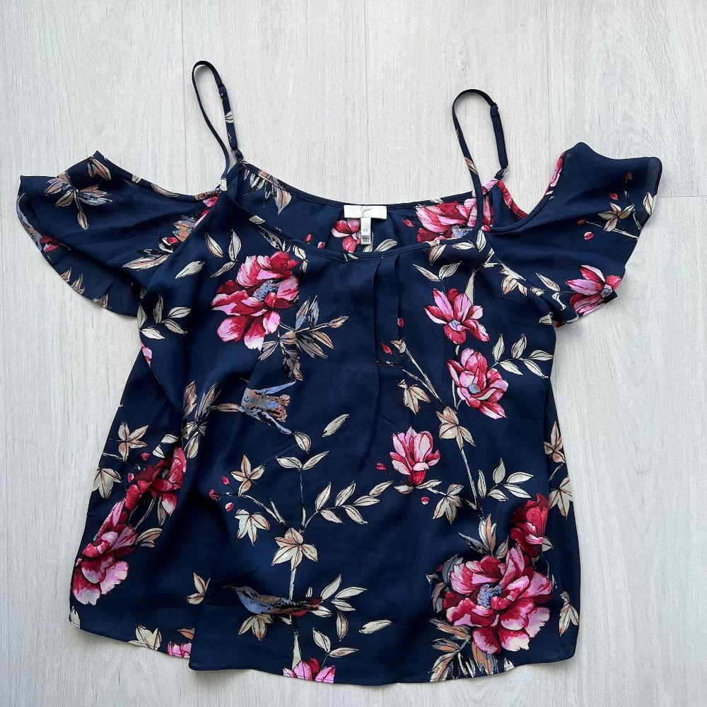 JOIE floral blouse sz M cold shoulder w flutter sleeve navy blue silk tank cami
